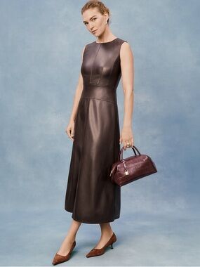 NWT Ann Taylor Sleeveless Faux Leather A-Line Midi Dress in Pure Chocolate Size